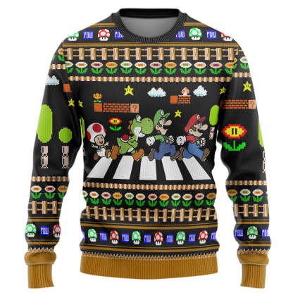 3d mario abbey road ugly christmas sweater 1 3D Mario Abbey Road Ugly Christmas Sweater - Image 1