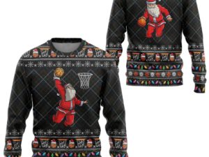 3D Santa Claus Basketball Xmas Ugly Christmas Sweater - Image 1