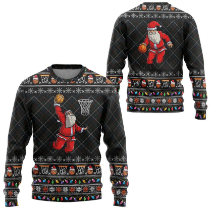 3d santa claus basketball xmas ugly christmas sweater 1 3D Santa Claus Basketball Xmas Ugly Christmas Sweater - Image 1