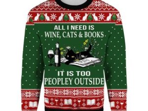 All I Need Is Wine Cats And Books Ugly Christmas Sweater - Image 1