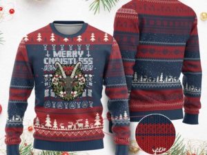 Anti Xmas Ugly Christmas Sweater Merry Christless Satan Baphomet Wreath - Image 1