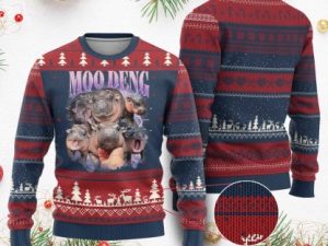 Baby Hippo Ugly Christmas Sweater Funny Moo Deng Baby Pygmy Hippopotamus - Image 1