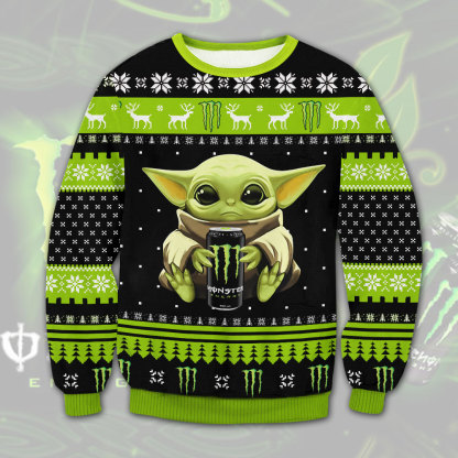 baby yoda monster energy ugly christmas sweater 1 Baby Yoda Monster Energy Ugly Christmas Sweater - Image 1