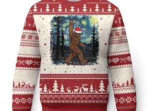 Bigfoot Starry Night Ugly Christmas Sweater Sasquatch Santa Hat - Image 1