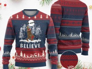Bigfoot Ugly Christmas Sweater Believe Rock On Sasquatch Santa Hat - Image 1