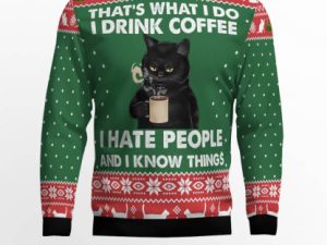Black Cat Drink Coffee Ugly Christmas Sweater - Image 1