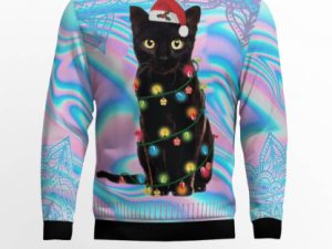 Black Cat Hologram Pattern Ugly Christmas Sweater - Image 1