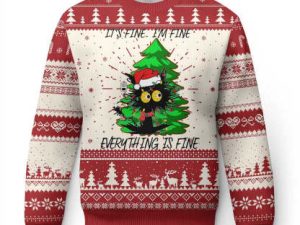 Black Cat Ugly Christmas Sweater Its Fine Im Fine Everthing Is Fine Funny Xmas - Image 1