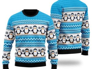 Blue Penguins Xmas Pattern Ugly Christmas Sweater - Image 1