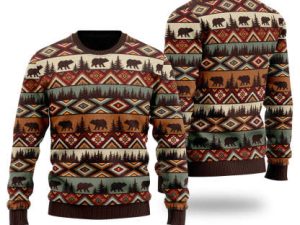 Brown Tribal Bear And Fir Tree Pattern Ugly Christmas Sweater - Image 1
