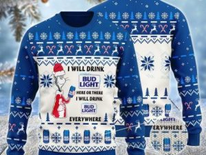 Bud Light Cat Hat Will Drink Everywhere Ugly Christmas Sweater - Image 1