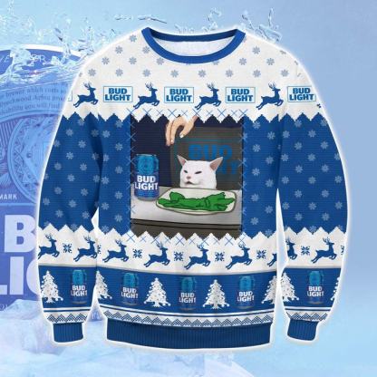 bud light cat meme ugly christmas sweater 1 Bud Light Cat Meme Ugly Christmas Sweater - Image 1