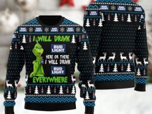 Bud Light Grinch Will Drink Everywhere Ugly Christmas Sweater - Image 1