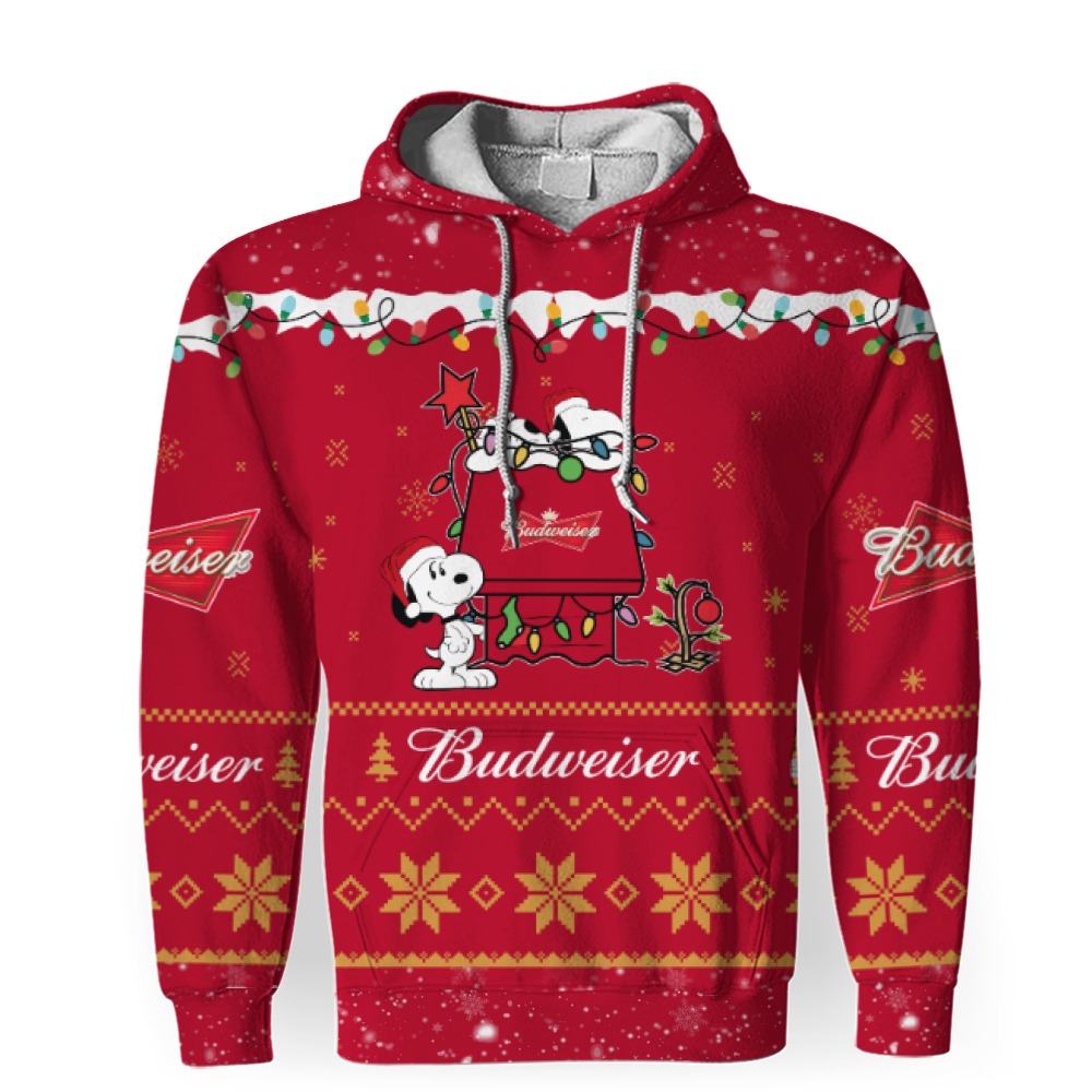 budweiser american merry christmas snoopy house cute fan gift 3d unisex hoodie 1 Budweiser American Merry Christmas, Snoopy House Cute Fan Gift-3D Unisex Hoodie - Image 1
