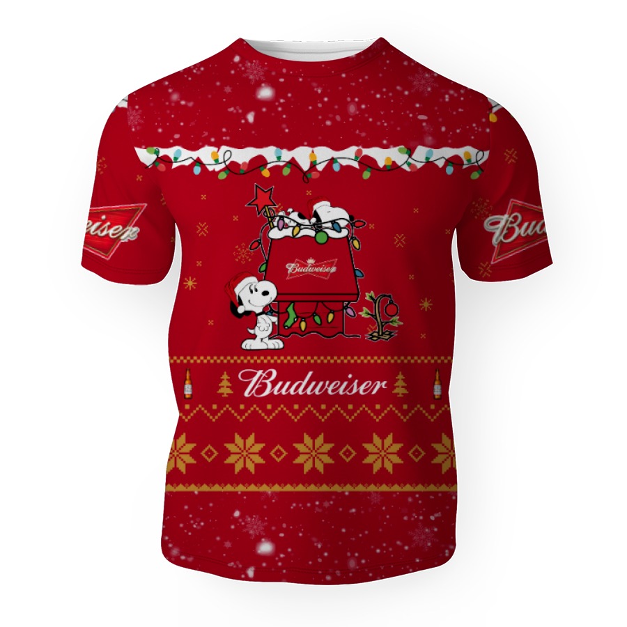 budweiser american merry christmas snoopy house cute fan gift 3d unisex t shirt 1 Budweiser American Merry Christmas, Snoopy House Cute Fan Gift-3D Unisex T-Shirt - Image 1