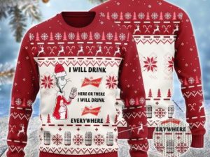 Budweiser Cat Hat Will Drink Everywhere Ugly Christmas Sweater - Image 1