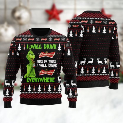 budweiser grinch will drink everywhere ugly christmas sweater 1 Budweiser Grinch Will Drink Everywhere Ugly Christmas Sweater - Image 1