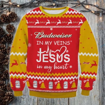 budweiser in my vein ugly christmas sweater 1 Budweiser In My Vein Ugly Christmas Sweater - Image 1