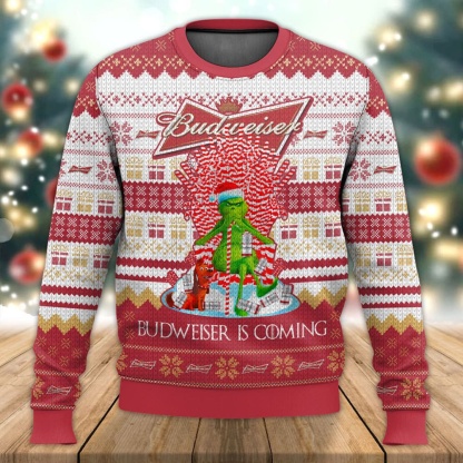 budweiser is coming ugly christmas sweater 1 Budweiser Is Coming Ugly Christmas Sweater - Image 1