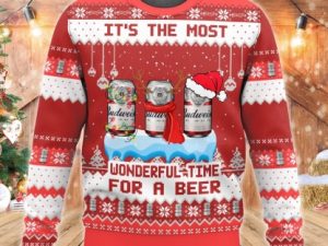 Budweiser Its The Most Wonderful Time For A Beer Ugly Christmas Sweater - Image 1