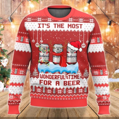 budweiser its the most wonderful time for a beer ugly christmas sweater 1 Budweiser Its The Most Wonderful Time For A Beer Ugly Christmas Sweater - Image 1
