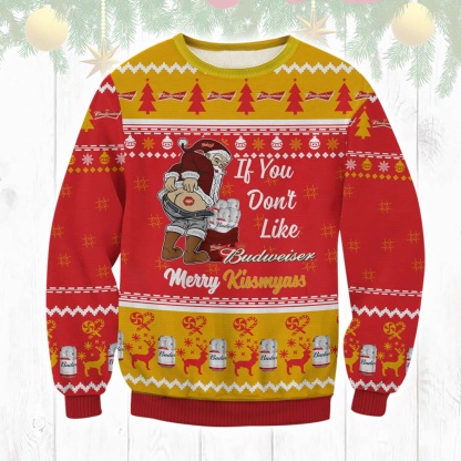 budweiser merry kissmyass ugly christmas sweater 1 Budweiser Merry Kissmyass Ugly Christmas Sweater - Image 1