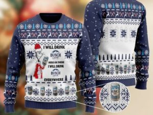 Busch Latte Cat Hat Will Drink Everywhere Ugly Christmas Sweater - Image 1