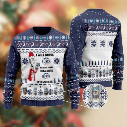 busch latte cat hat will drink everywhere ugly christmas sweater 1 Busch Latte Cat Hat Will Drink Everywhere Ugly Christmas Sweater - Image 1