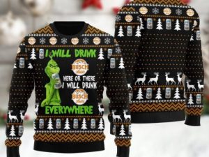 Busch Latte Grinch Will Drink Everywhere Ugly Christmas Sweater - Image 1