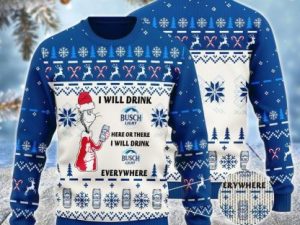 Busch Light Cat Hat Will Drink Everywhere Ugly Christmas Sweater - Image 1