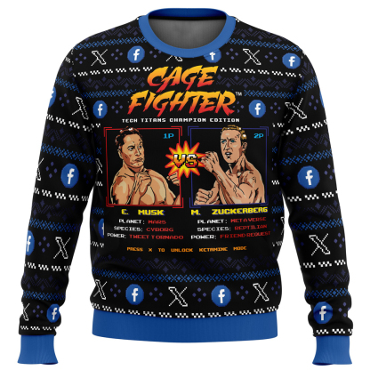 cage fighter elun mask vsmark zuckerberg funny pop culture ugly christmas sweater 1 Cage Fighter Elun Mask Vsmark Zuckerberg Funny Pop Culture Ugly Christmas Sweater - Image 1