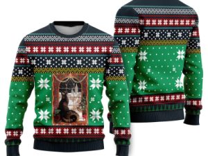 Cat Christmas Snow Window Ugly Christmas Sweater - Image 1