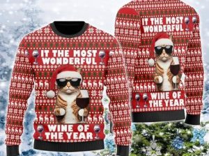 Cat With Wine Glass Ugly Christmas Sweater - Image 1