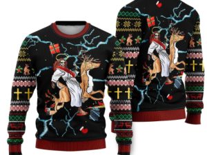 Christian Riding Reindeer Black Ugly Christmas Sweater - Image 1