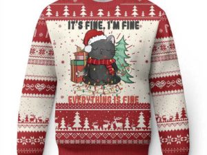Christmas Black Cat Ugly Christmas Sweater Its Fine Im Fine Everything - Image 1