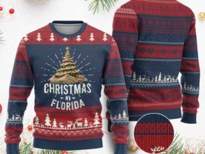 Christmas In Florida Ugly Christmas Sweater Sand Xmas Tree Lights Family Vacation - Image 1