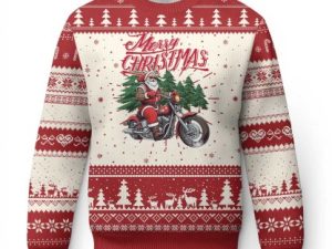 Christmas Motorcycle Santa Ugly Christmas Sweater Funny Motorbike Rider - Image 1