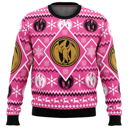 christmas pink ranger power rangers ugly christmas sweater 1 Christmas Pink Ranger Power Rangers Ugly Christmas Sweater - Image 1