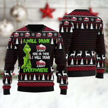 coors light grinch will drink everywhere ugly christmas sweater 1 Coors Light Grinch Will Drink Everywhere Ugly Christmas Sweater - Image 1