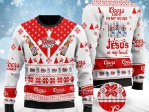 Coors Light In My Veins Jesus In My Heart Ugly Christmas Sweater - Image 1