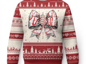 Coquette Bow Christmas Tree Cake Ugly Christmas Sweater Xmas Vibes - Image 1