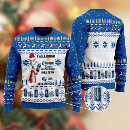 corona extra cat hat will drink everywhere ugly christmas sweater 1 Corona Extra Cat Hat Will Drink Everywhere Ugly Christmas Sweater - Image 1