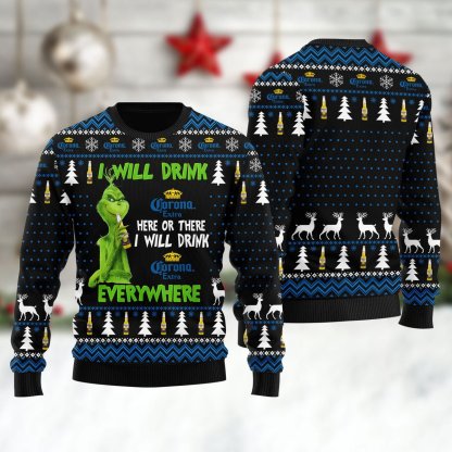 corona extra grinch will drink everywhere ugly christmas sweater 1 Corona Extra Grinch Will Drink Everywhere Ugly Christmas Sweater - Image 1
