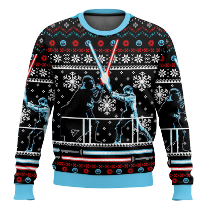 cosmic battles lightsaber duel faux ugly christmas sweater 1 Cosmic Battles Lightsaber Duel Faux Ugly Christmas Sweater - Image 1