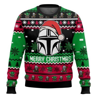 cosmic battles mandalorian ugly christmas sweater 1 Cosmic Battles Mandalorian Ugly Christmas Sweater - Image 1