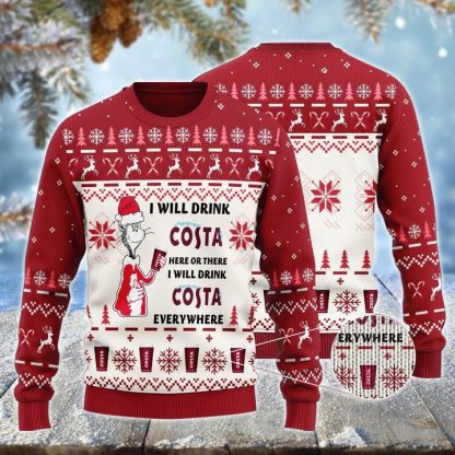 costa cat hat will drink everywhere ugly christmas sweater 1 Costa Cat Hat Will Drink Everywhere Ugly Christmas Sweater - Image 1