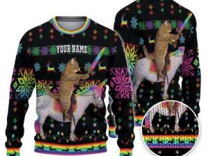 Custom Funny Holiday Cat Ride Unicorn Ugly Christmas Sweater - Image 1
