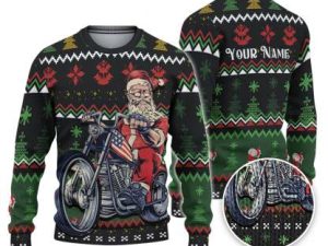 Custom Funny Holiday Cool Biker Santa Ugly Christmas Sweater - Image 1
