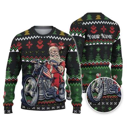 custom funny holiday cool biker santa ugly christmas sweater 1 Custom Funny Holiday Cool Biker Santa Ugly Christmas Sweater - Image 1