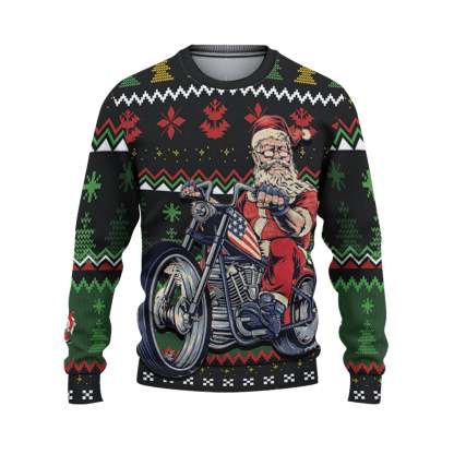 custom funny holiday cool biker santa ugly christmas sweater 2 Custom Funny Holiday Cool Biker Santa Ugly Christmas Sweater - Image 2
